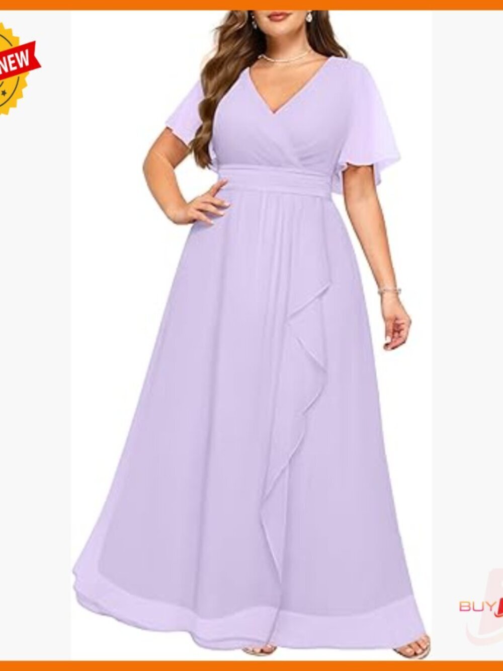 Plus Size Formal Chiffon Dress V Neck Ruffle Sleeves Long